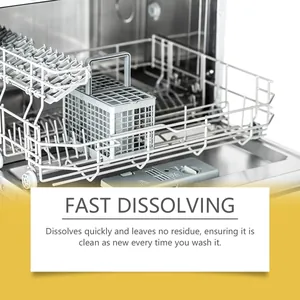 Detailed view of a clean dishwasher interior highlighting fast-dissolving detergent tablets.