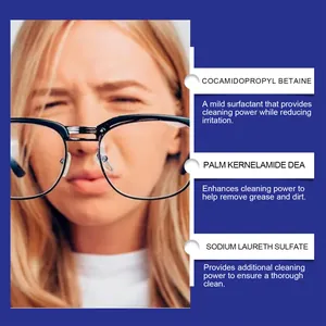 Detailed ingredient list for eyeglass cleaning spray showing mild surfactants and power
