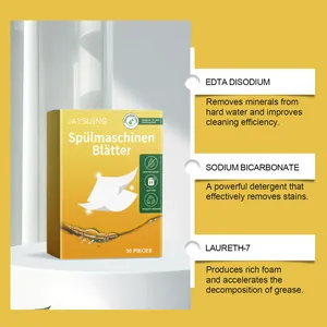 Detail of Jaysuing dishwasher detergent sheets showing core ingredients and benefits.