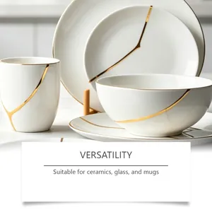 Detailed macro view of Kintsugi repaired white ceramic tableware with gold lacquer art