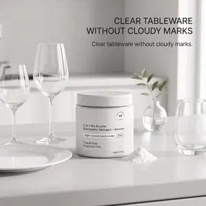Close-up of concentrated dishwasher powder with sparkling clean tableware results