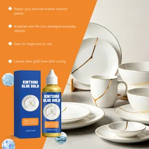 Detail showing the gold kintsugi glue packaging and finished results on white ceramics