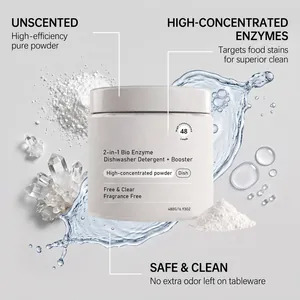 Detailed view of high-concentrated bio enzyme dishwasher powder with water splash