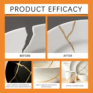 Before and after comparison of ceramic plate repair using decorative gold kintsugi glue