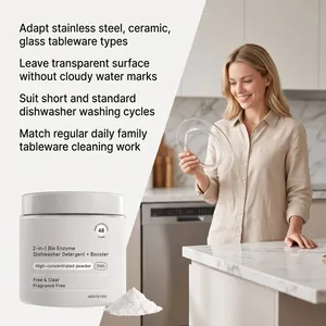 Detail of high-concentrated bio enzyme dishwasher detergent powder and clean glass plate