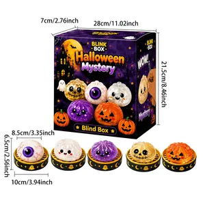 Set di giocattoli antistress scatola misteriosa Halloween con dimensioni in cm e pollici.