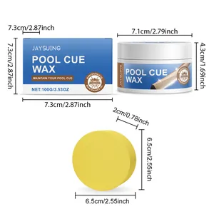 Size specifications of Jaysuing pool cue wax set including jar, box, and applicator sponge