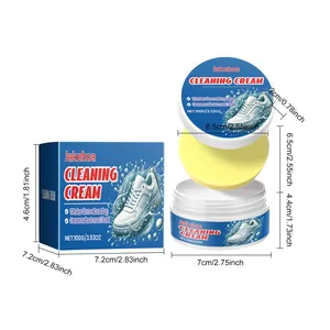 Multi-purpose white shoe cleaning cream set with dimensions shown on white background