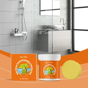 Jue Fish multi-purpose coconut oil cleaning and polishing paste jar with sponge in bathroom