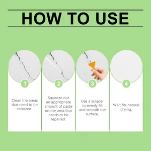 Four-step guide showing how to use wall repair paste kit to fix cracks and holes.
