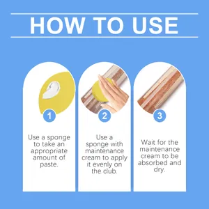 Three-step instructional guide for applying billiard cue maintenance cream to wood.