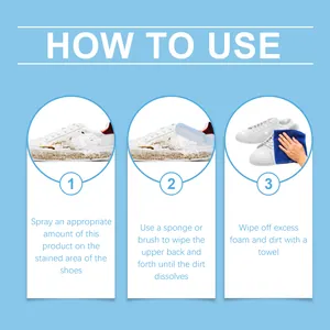 Guide d'utilisation en 3 étapes pour le nettoyant mousse pour chaussures blanches.