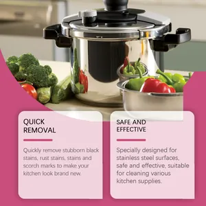 Detail view of a professional polished stainless steel pot for kitchen cleaning