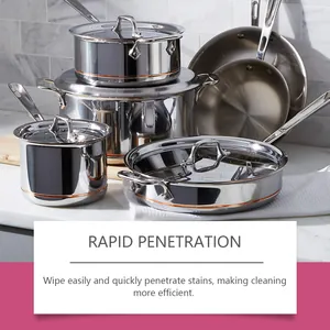 Close-up of polished stainless steel pots showing rapid penetration cleaning results