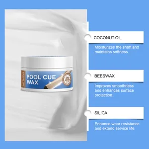 Professional pool cue wax detail showing ingredients like coconut oil and beeswax.