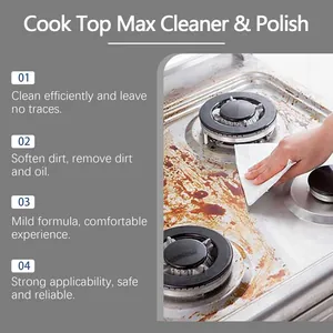 Détail montrant le nettoyant Cook Top Max éliminant la graisse sur une cuisinière