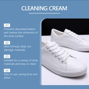 Detail view of multifunctional cleaning cream for white shoes stain removal and whitening.