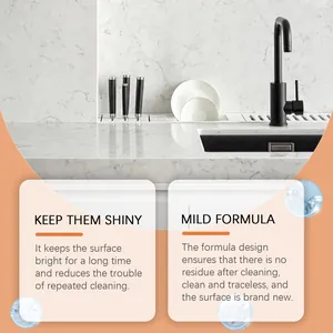 Clean marble kitchen countertop with text highlighting mild formula and shiny finish