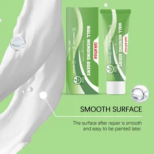 Detail of wall mending agent showing smooth paste texture and waterproof feature labels.