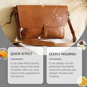 Professional leather care cream restoring luster and softness to brown messenger bag