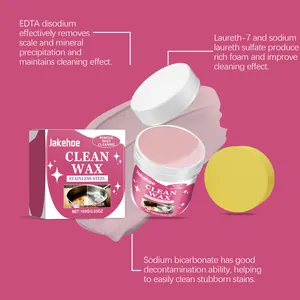Detailed view of Jakehoe stainless steel cleaning paste showing ingredients and foam action.