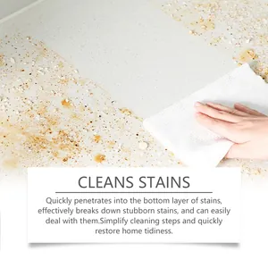Detail of cleaning cloth removing stubborn stains from a dirty white countertop.