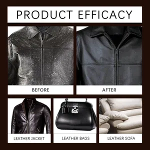 Before and after comparison of leather cleaner efficacy on jacket bags and sofa