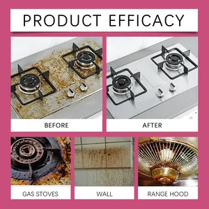 Comparison showing grease removal efficacy on gas stoves, tiled walls, and range hoods.