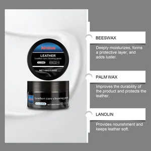 Detail view of JAKEHOE leather care paste showing ingredients like beeswax and lanolin.