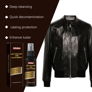 Effective leather care and cleaning spray for jackets shown with black leather jacket.