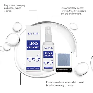 Detailed view of Jue Fish 60ml eyeglass cleaner spray kit including one microfiber cloth