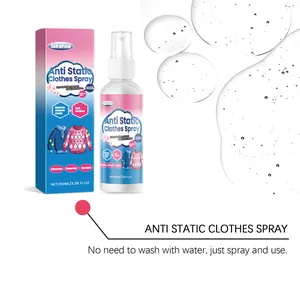 Detailweergave van Jakehoe antistatische kledingspray met verpakking en vloeibare textuur.
