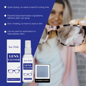 Close-up of Jue Fish 60ml lens cleaner spray kit with box and blue cleaning cloth