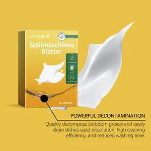 Detailed macro view showing powerful decontamination dishwasher detergent sheets box