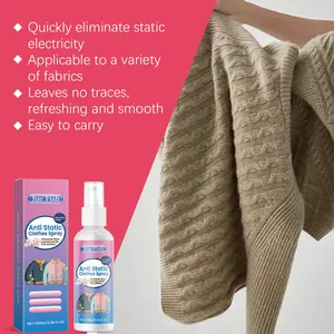 Detail van antistatische kledingspray fles en verpakking met productkenmerken.