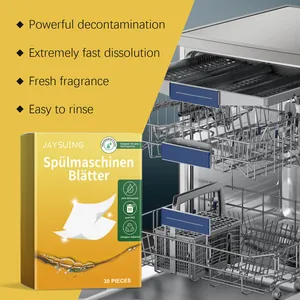 Detail view of Jaysuing dishwasher detergent sheets with features and usage context.