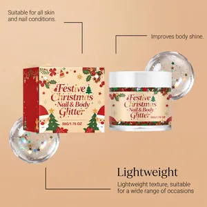 Vista detallada del envase y el frasco de gel de purpurina navideña para cuerpo y uñas