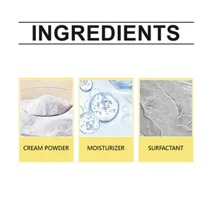 Close-up showing cleaner ingredients: cream powder, moisturizer, and surfactant.