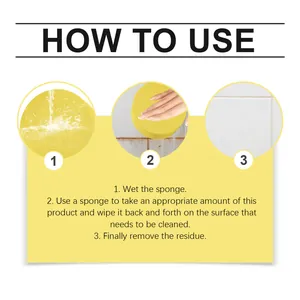 Three-step instructional guide showing how to use the multi-surface cleaner with a yellow sponge