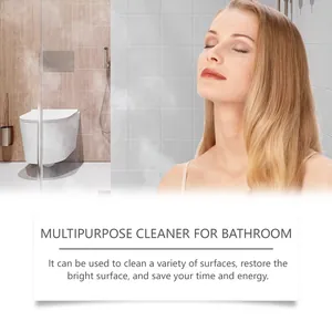 Close-up of a blonde woman enjoying a clean bathroom with a multipurpose surface cleaner