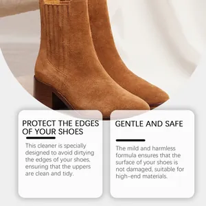 Close-up of clean brown suede boots showing shoe cleaner effect on high-end materials
