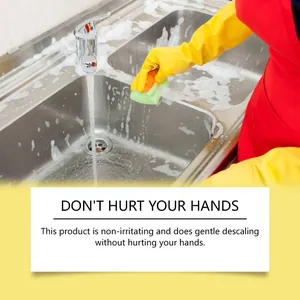 Close-up showing gentle descaling on kitchen sink with multi-surface cleaner liquid