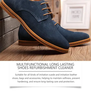 Detail view of blue suede shoes cleaned with multifunctional refurbishment cleaner.
