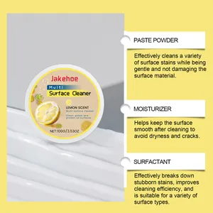 Detail of Jakehoe multi-surface cleaner showing cleaning powder, moisturizer, and surfactant benefits