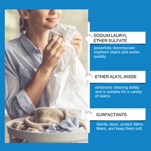 Detail view of laundry stain remover ingredients and surfactants for gentle fabric care