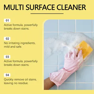 Effective multi surface cleaner showing powerful foam removing stains from blue bathroom tiles