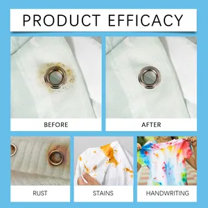 Fabric rust remover efficacy showing before and after cleaning stains on white clothes.