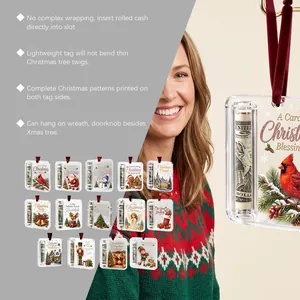 Set of 14 unique Christmas money holder ornaments with festive patterns and velvet ribbons.