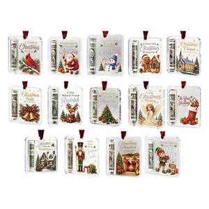 Set of 14 Christmas money holder ornaments with festive 3D illustrations and red ribbons