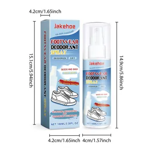 Footwear deodorant spray 100ml with precise bottle and packaging box dimensions in inches